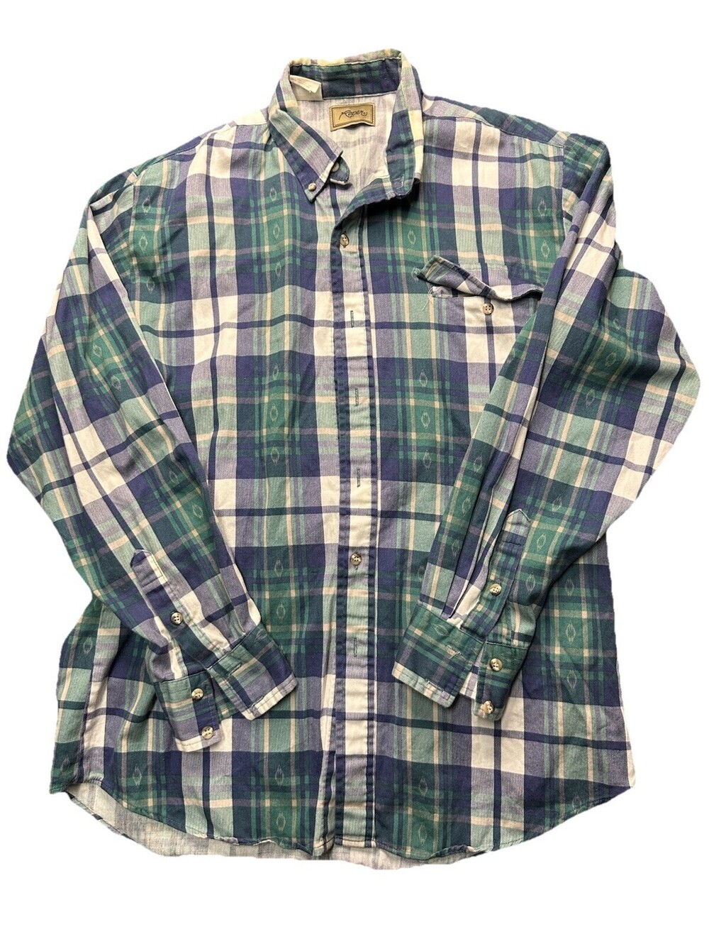 Roper Western Plaid Button Up Shirt Mens Large Green Blue Cowboy Ranch Rodeo